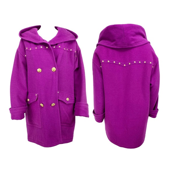 Versace Fuchsia Hooded Pea Coat with Gold Studs - Picture 2 of 5